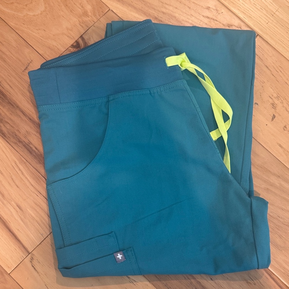 Figs Teal S/P Scrub Pants with Neon Yellow Drawstring